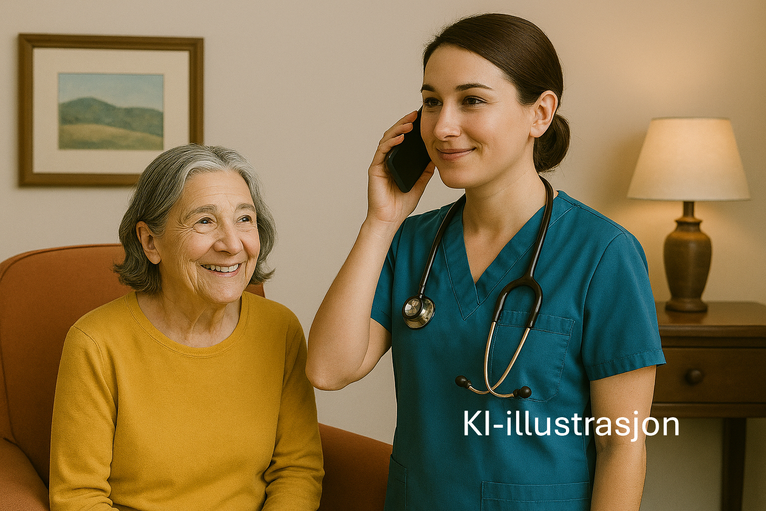 En eldre dame og en sykepleier som snakker i telefon 